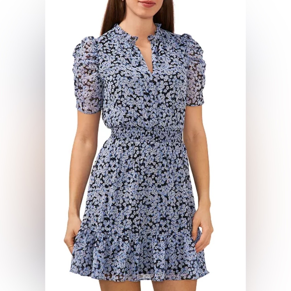 MSK Blue and White Smocked Puff Sleeve Sundress